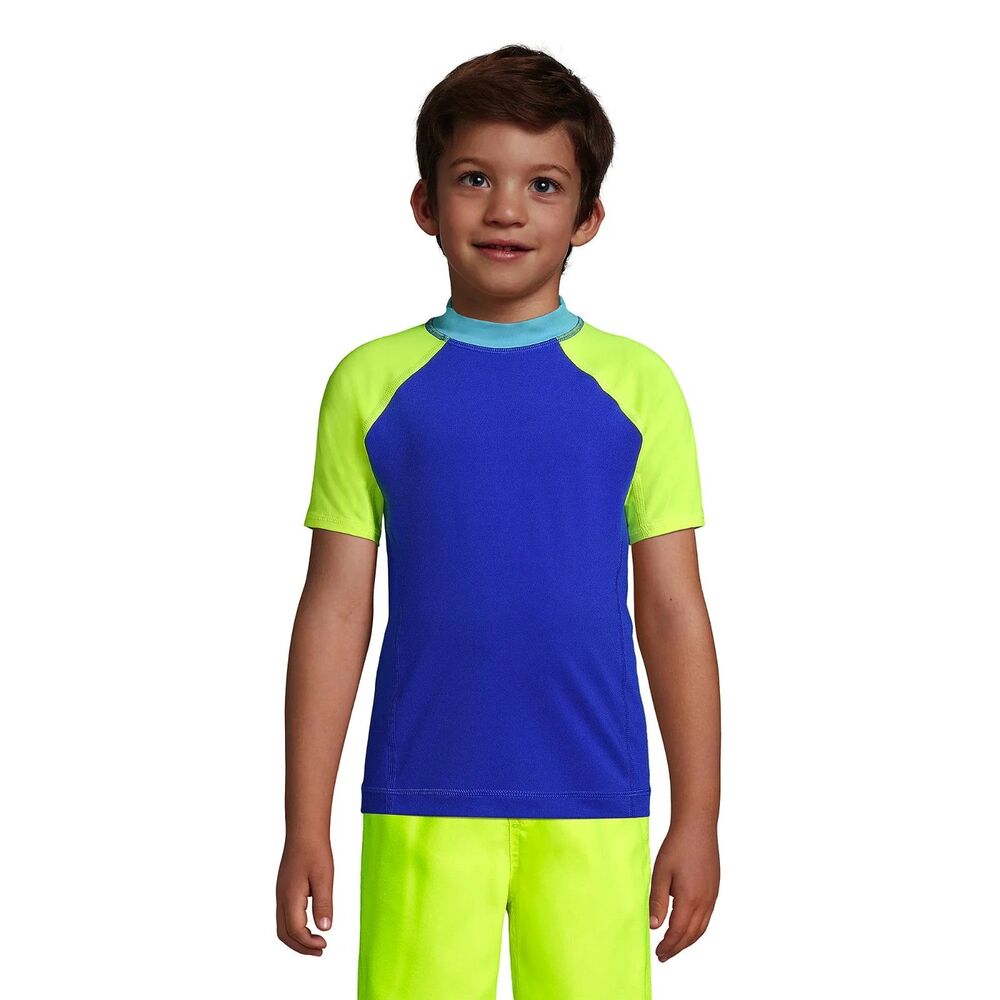 Lands End Boys XL Husky Rash Guard Blue Green Colorblock Crewneck UPF 50 Stretch
